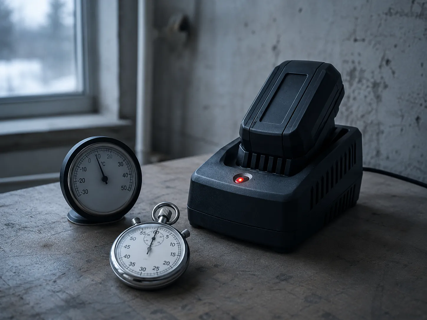 Hoover ONEPWR battery charger showing a solid red indicator beside a thermometer and stopwatch in a cold garage, illustrating a normal temperature-related charging delay.