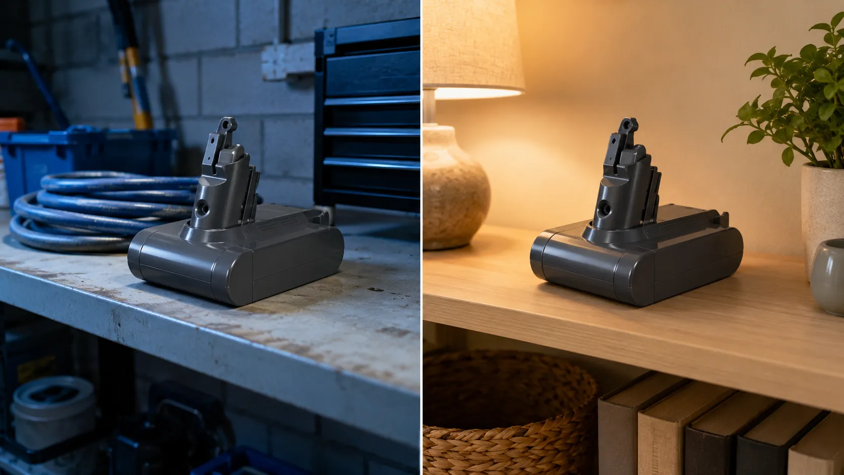 Side-by-side comparison of a cordless vacuum battery stored in a cold garage and on a warm indoor shelf, showing why the battery should be kept indoors.