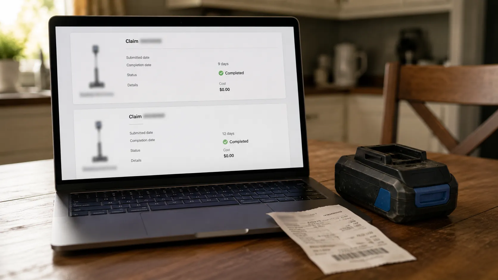 Laptop showing two completed cordless vacuum battery warranty claims resolved in nine and twelve days at no cost, with a battery pack and receipt beside it.