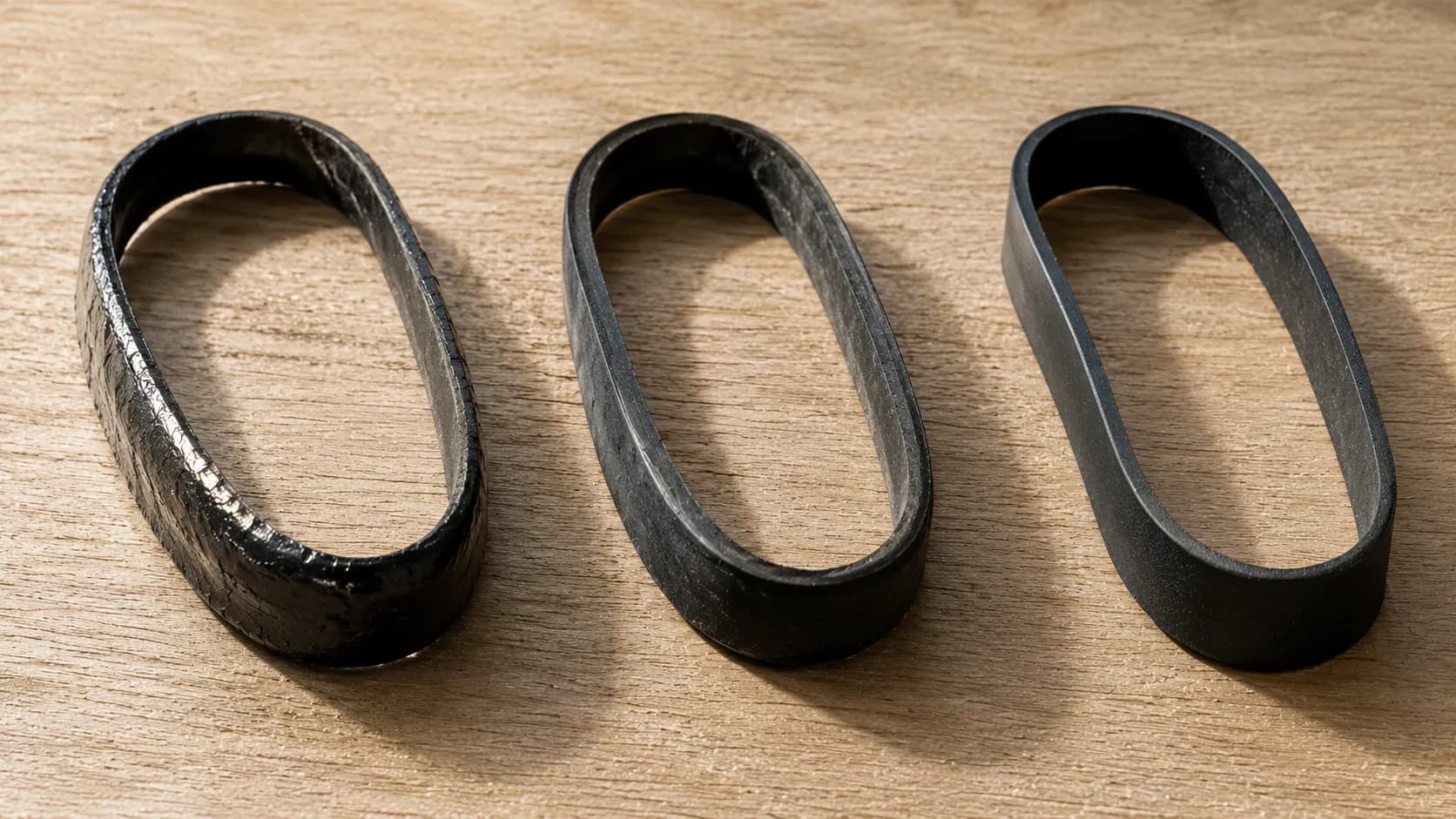 Three vacuum belts showing heat-glazed cracking, stretching and factory-new condition after a 45-second jammed brushroll test.