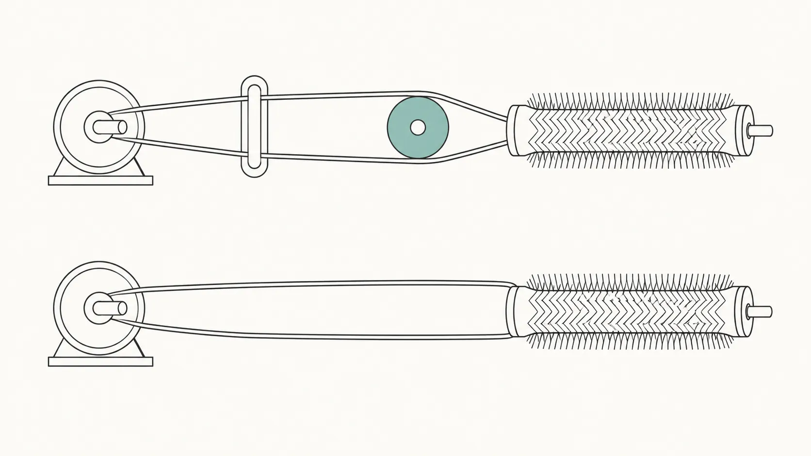 Technical diagram comparing a vacuum belt route with a metal pulley against a direct belt route from the motor shaft to the brush roller.