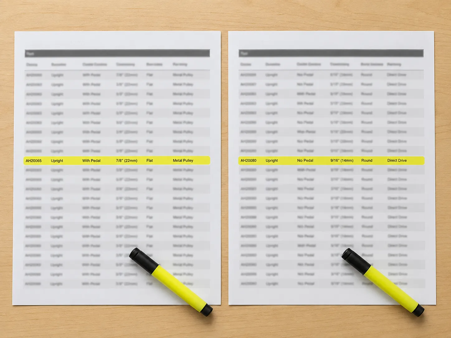 Two printed belt-reference pages for the same vacuum model placed side by side, with different highlighted replacement-belt entries showing that one source is incorrect.