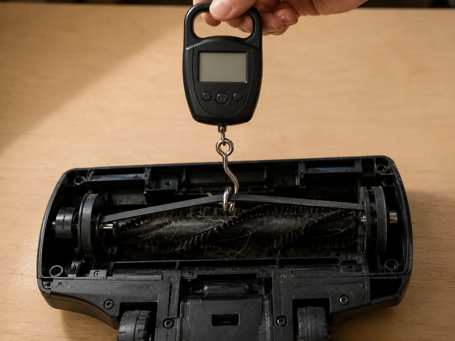 Digital luggage scale measuring the tension of a vacuum belt stretched over the motor shaft, showing how tight a properly fitted replacement belt should be.
