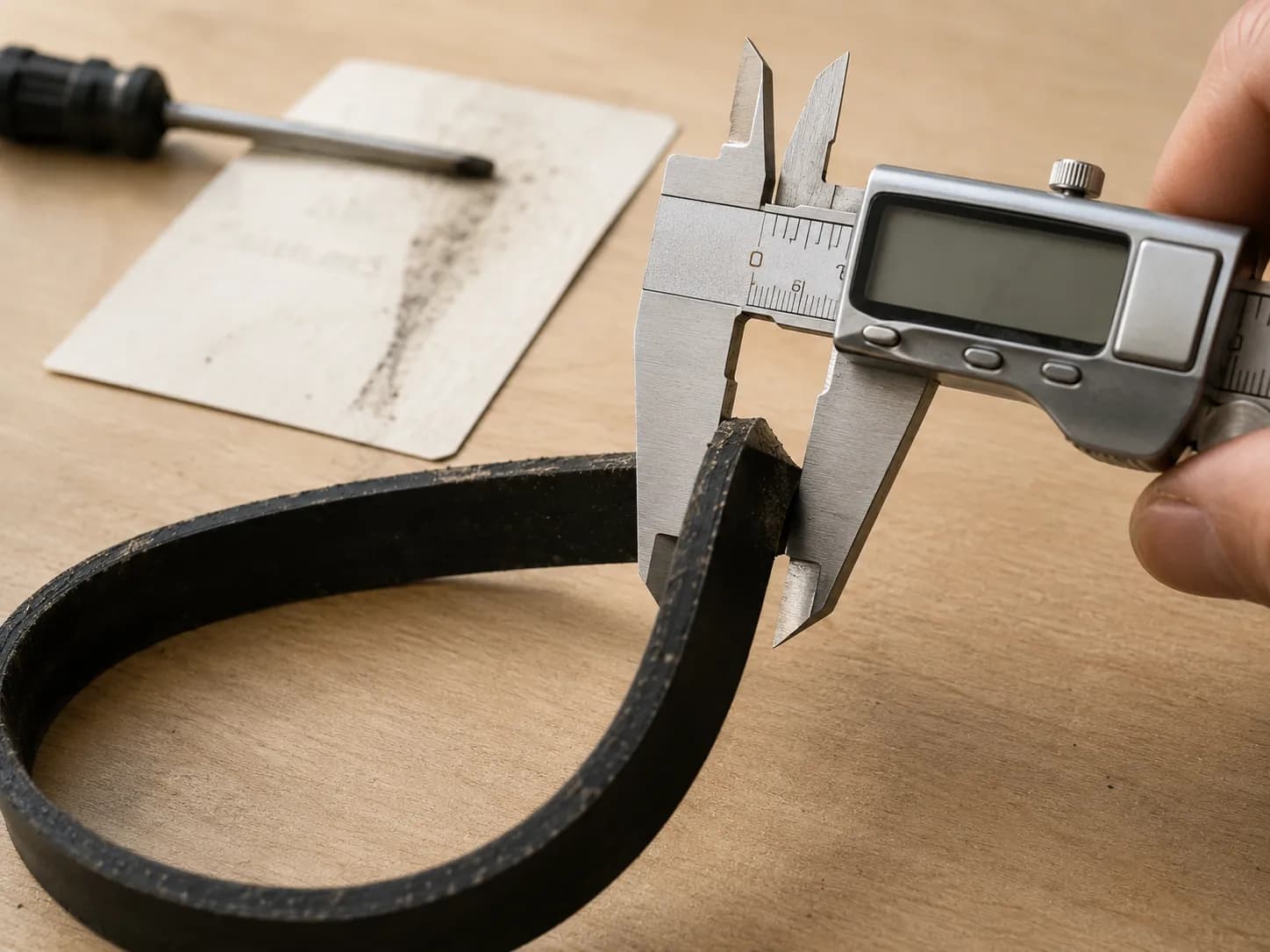 Digital calipers measuring the width of a used vacuum belt on a birch workbench, documenting belt wear after eleven months in the same household.