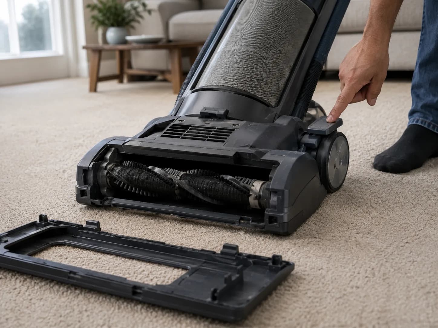 Reclined upright vacuum on beige carpet with the bottom plate removed and the brush roll sitting still while a hand presses the foot pedal at the base.