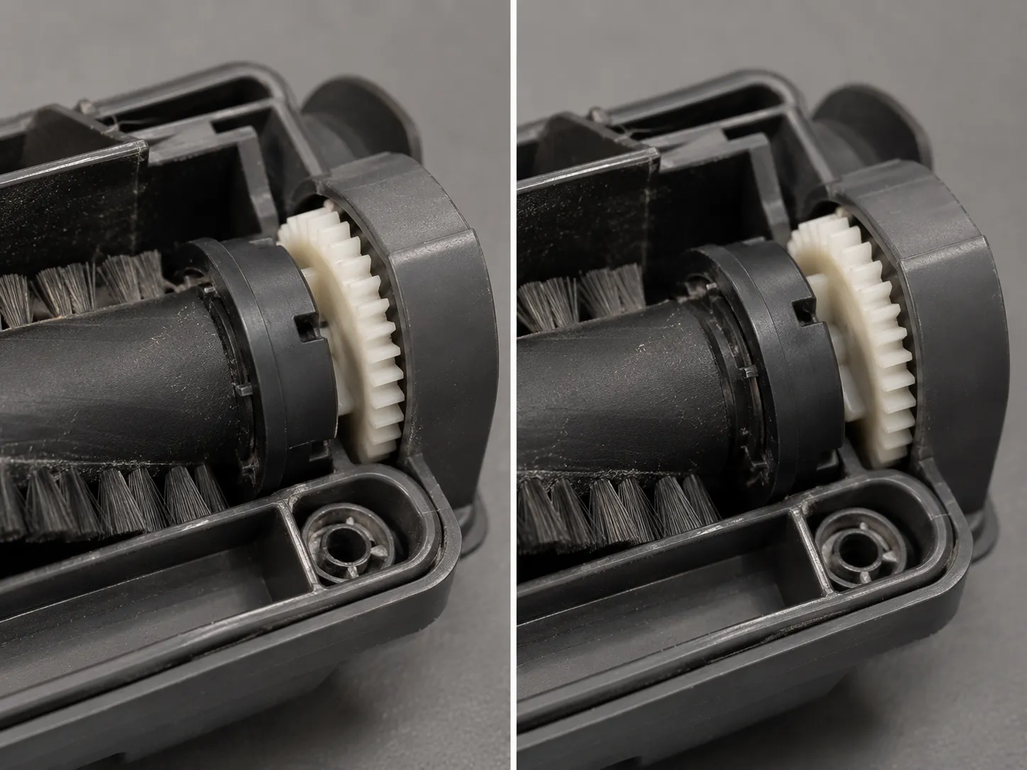 Side-by-side close-up of a vacuum brushroll drive end, showing the roll fully seated against the white gear on the left and sitting slightly proud with a visible gap on the right.