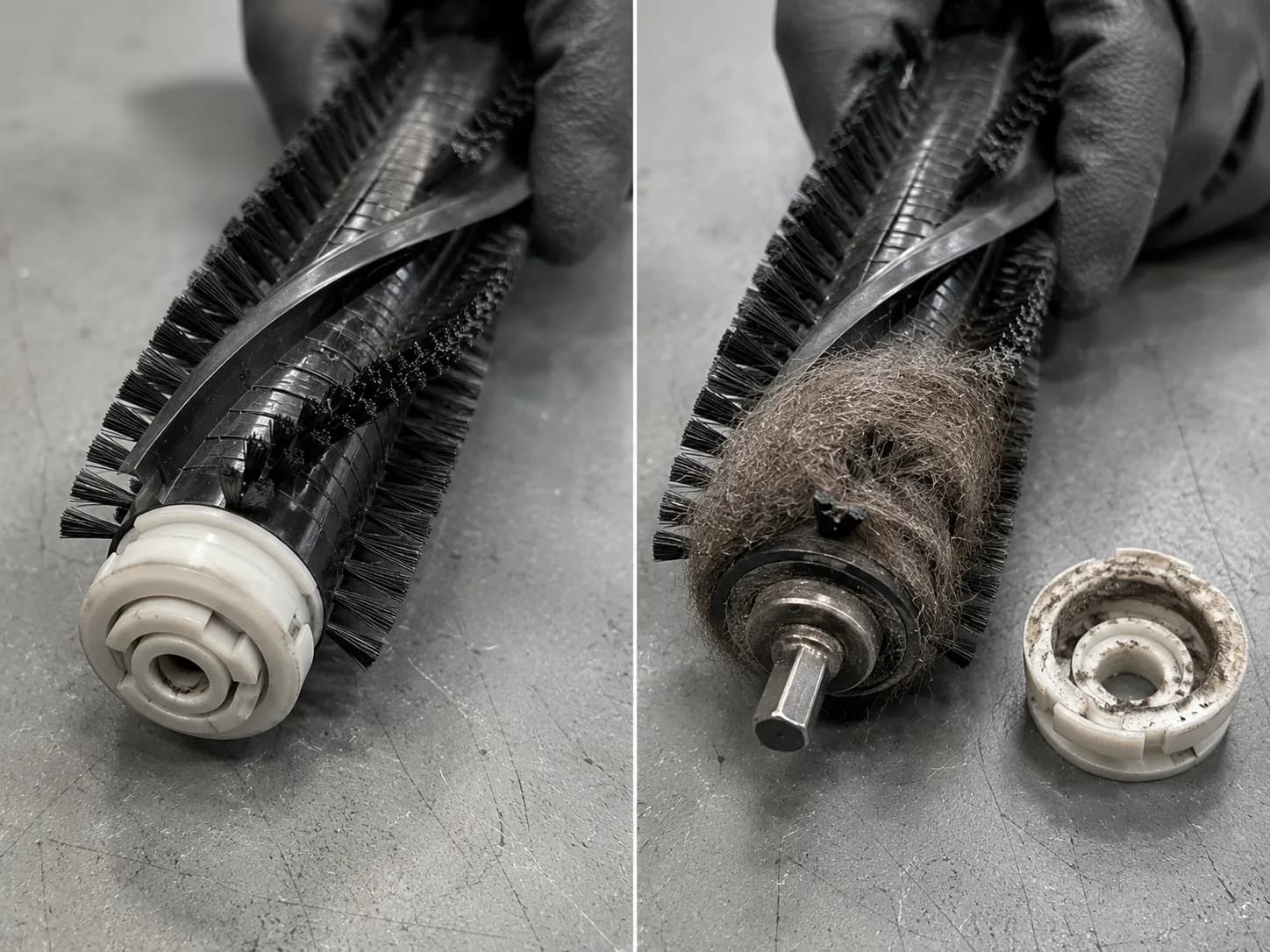 Before-and-after view of a vacuum brushroll that appears clean until the end cap is removed, revealing compacted hair wrapped tightly around the metal shaft.