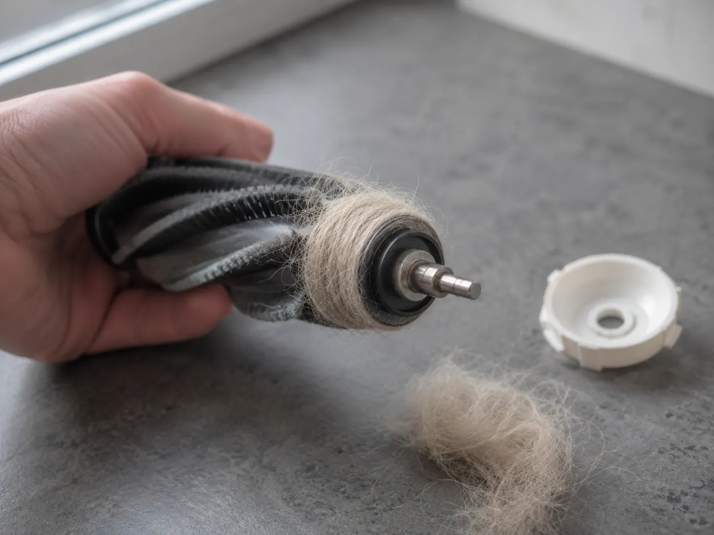 Vacuum brushroll end with the cap removed, showing pale dog hair tightly packed around the shaft again after four weeks of use in a two-dog home.