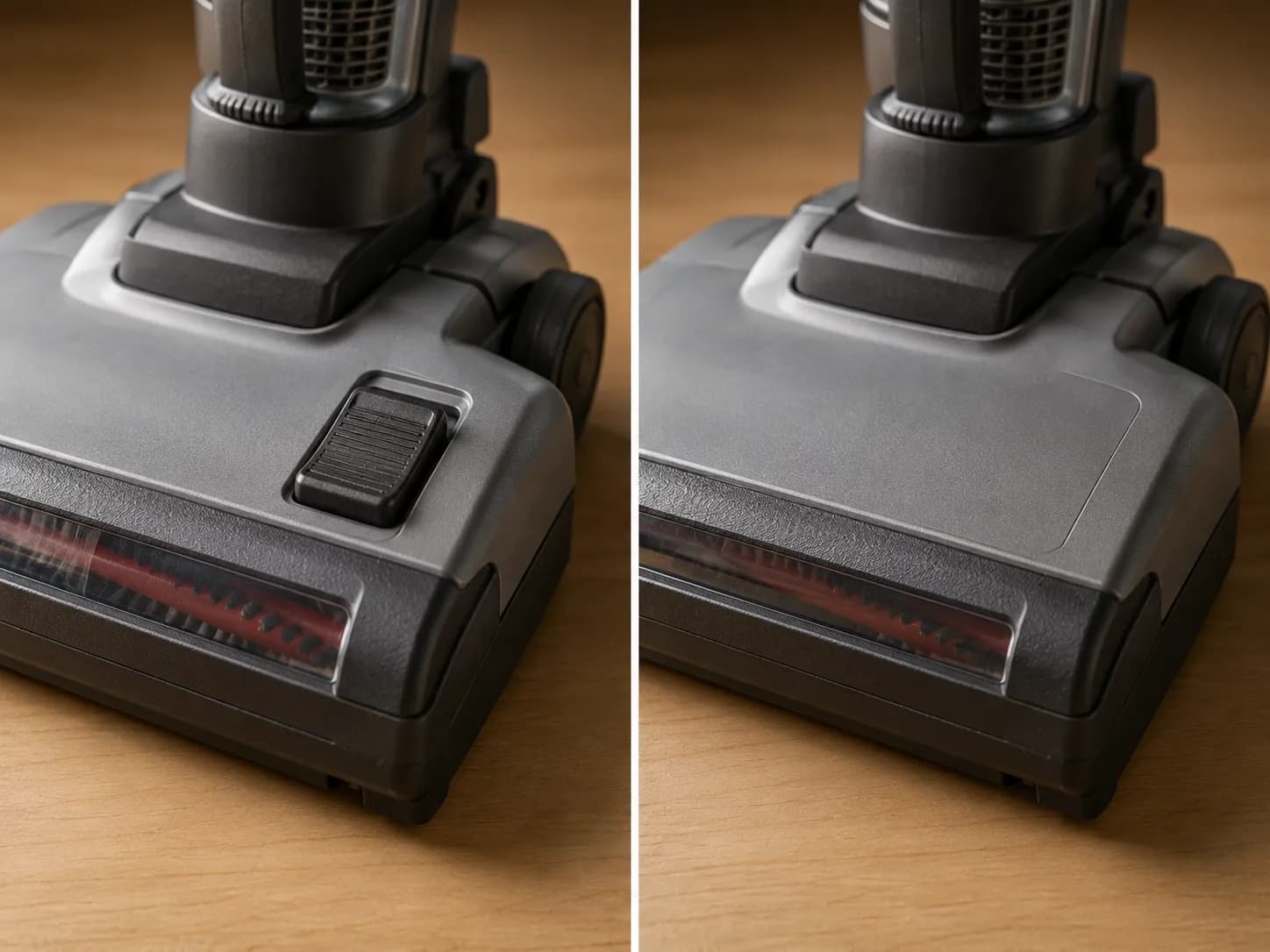 Side-by-side comparison of an upright vacuum nozzle with a Brushroll On/Off pedal and the same location on a model without one, showing the quickest way to identify the correct belt type.