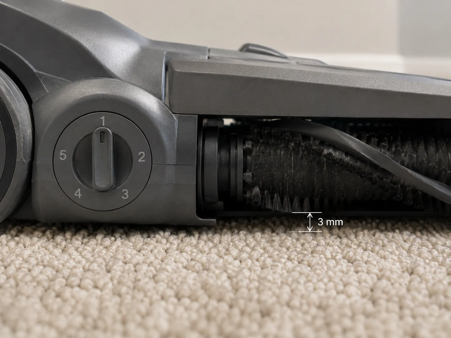 Close-up of a Hoover vacuum height dial and brushroll showing a 3 mm gap at setting 1, compared with bristles contacting the carpet at setting 2.