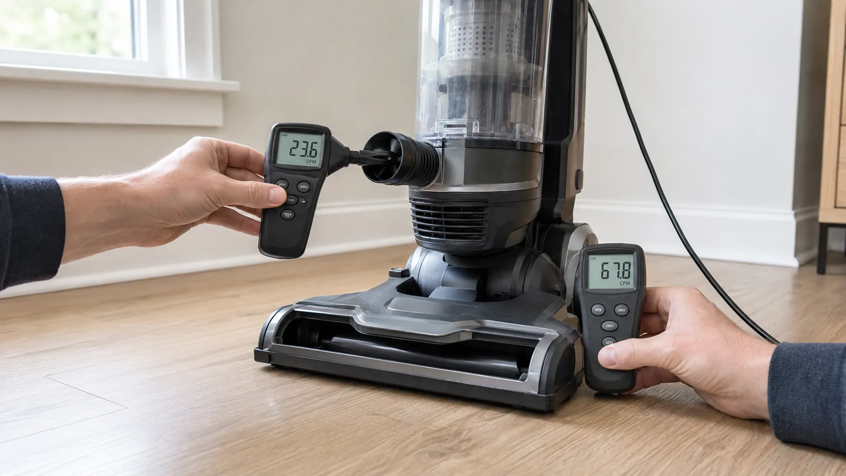 Two digital airflow meters comparing suction at the hose port and floor nozzle of the same upright vacuum, showing a large drop in airflow through the cleaning head.