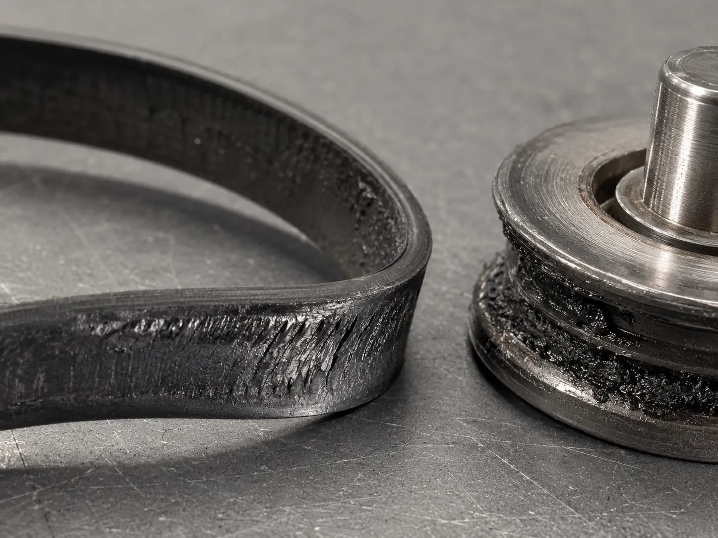 Macro view of a scored vacuum drive belt beside a metal motor pulley coated with baked-on black rubber after a 40-second brushroll jam.
