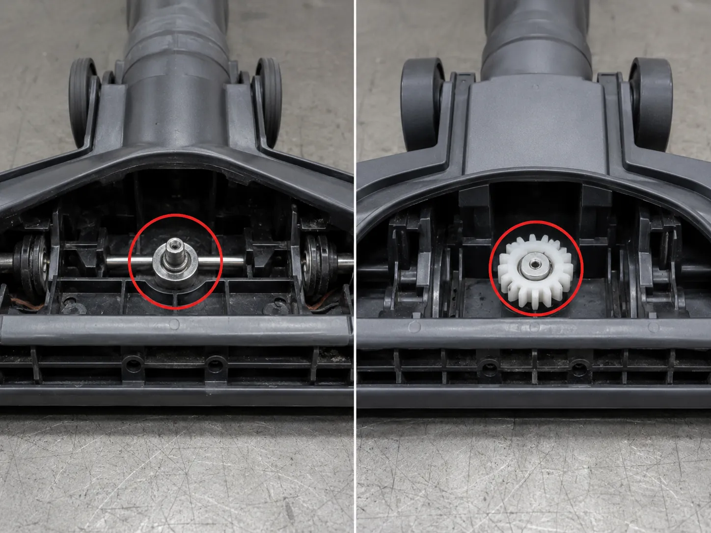 Side-by-side vacuum nozzle interiors with the brush rolls removed, highlighting the metal motor pulley on the left and white drive gear on the right.