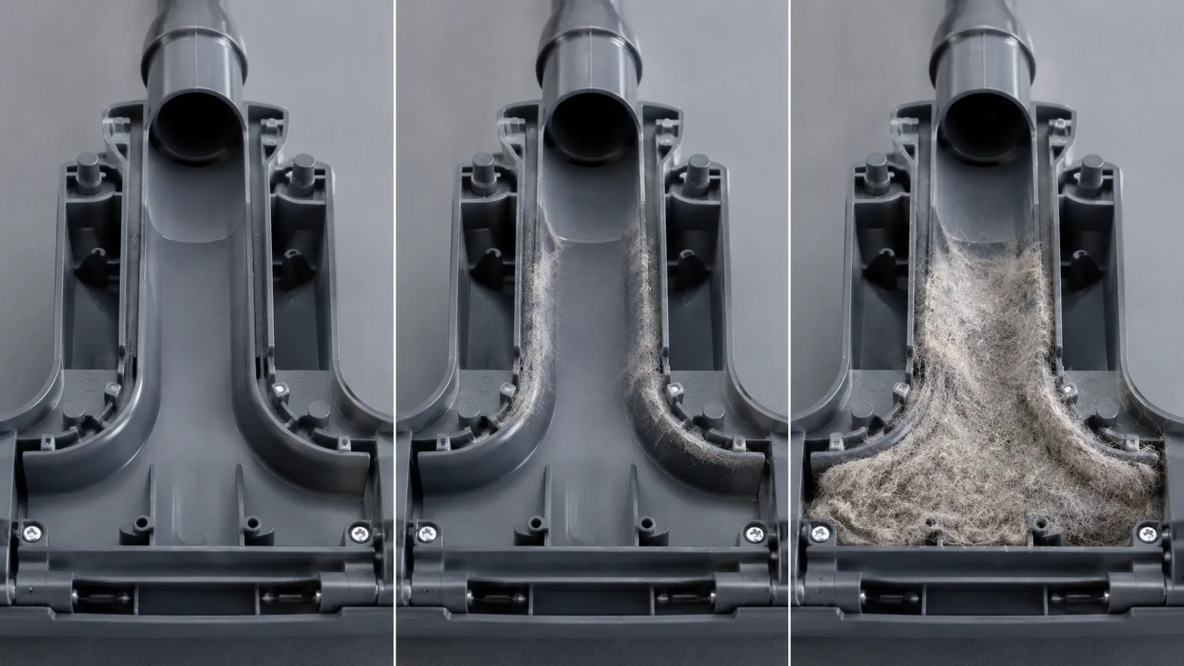 Three-panel comparison of the same vacuum nozzle channel progressing from clean to lightly lined with fibre and then heavily clogged after 18 days in a two-dog household.