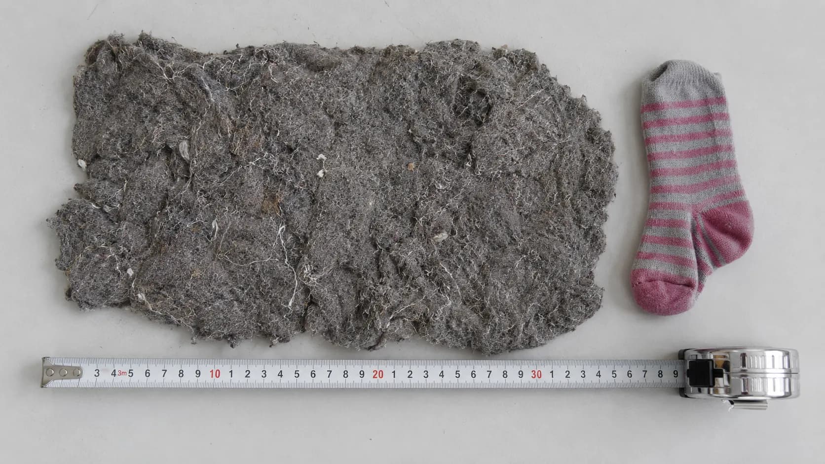 Dense mat of pet hair and carpet fibre removed intact from a vacuum nozzle channel beside a child’s sock pulled from the hose, with a tape measure showing their size.