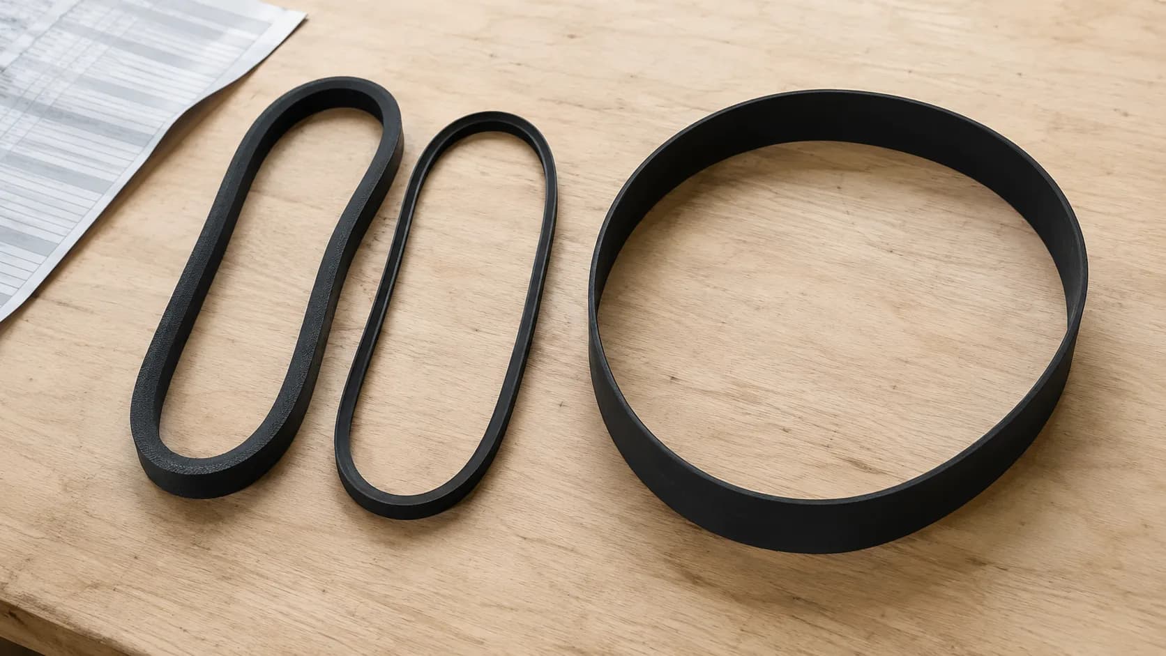Three vacuum drive belts on a birch workbench, including two different-width belts used together and one wider single belt, showing why some Hoover models require two belts instead of one.