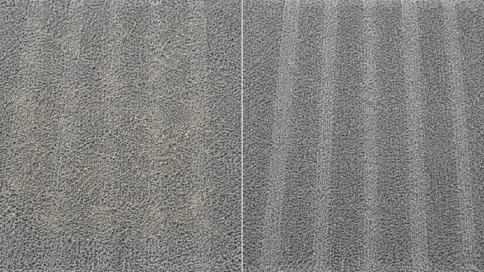 Side-by-side view of the same grey carpet after four vacuum passes, showing debris left behind with a worn belt and a clean surface with a new belt.
