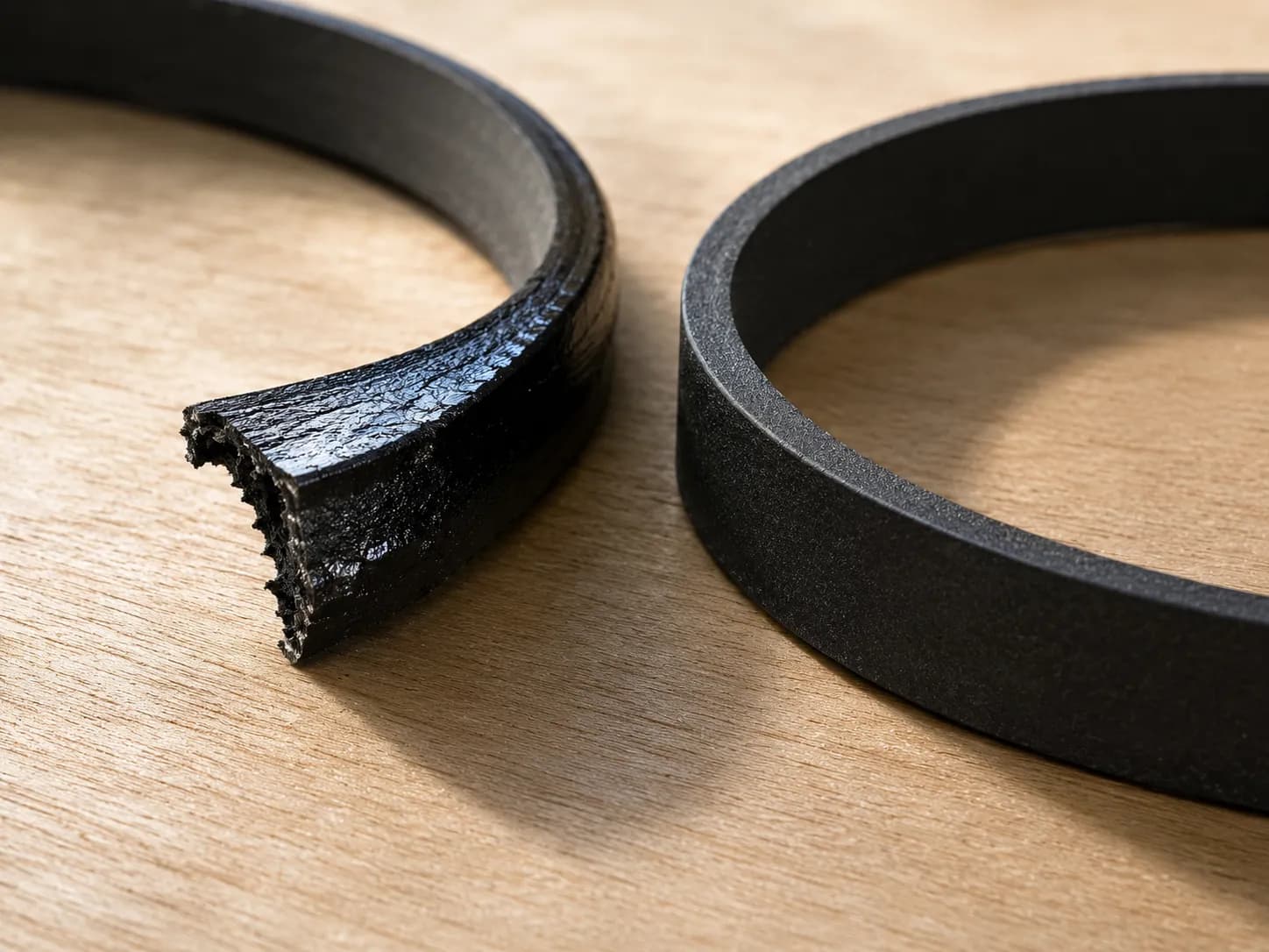 Macro comparison of a snapped, heat-glazed vacuum belt beside an intact matte belt on a birch workbench, showing failure caused by fitting the wrong belt to the machine.