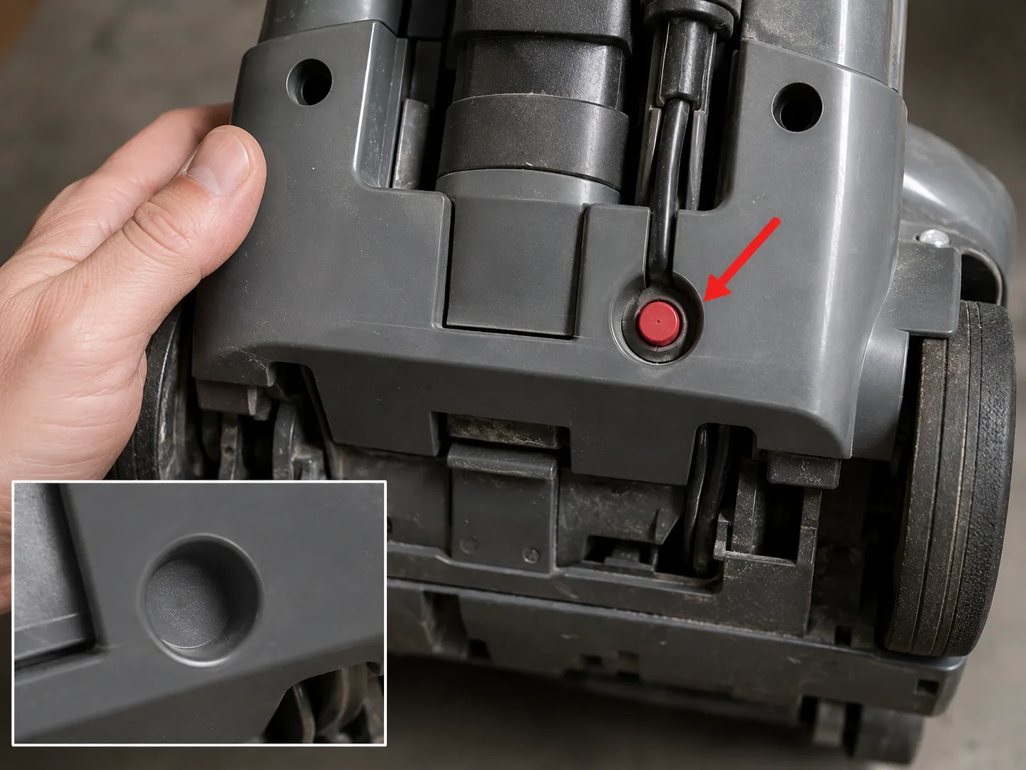Close-up of a grey upright vacuum showing the red reset button near the cord housing, with an inset highlighting the empty recess commonly mistaken for the button location.