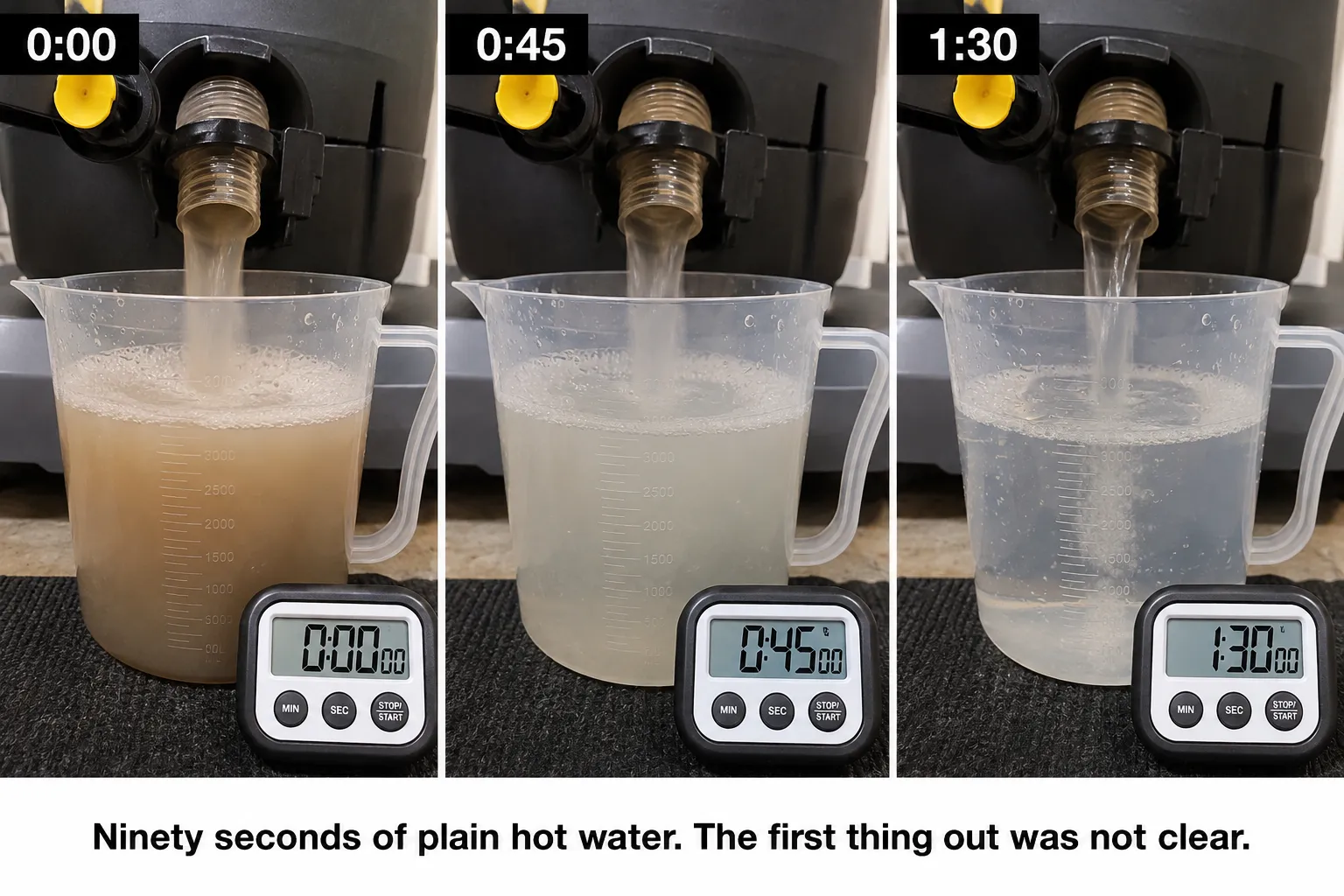 Three-frame hot water flush test showing cloudy water at the start, clearer water after 45 seconds and clean water after 90 seconds, with a visible timer in each frame.