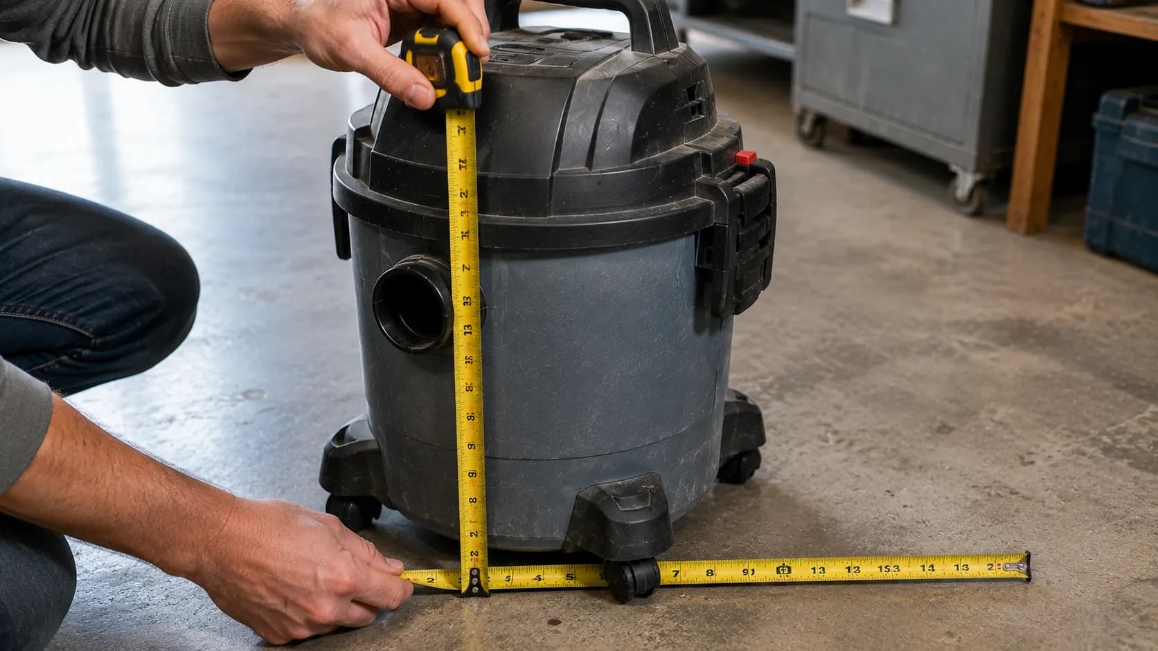 Measuring shop vac dimensions with a tape measure for height and footprint