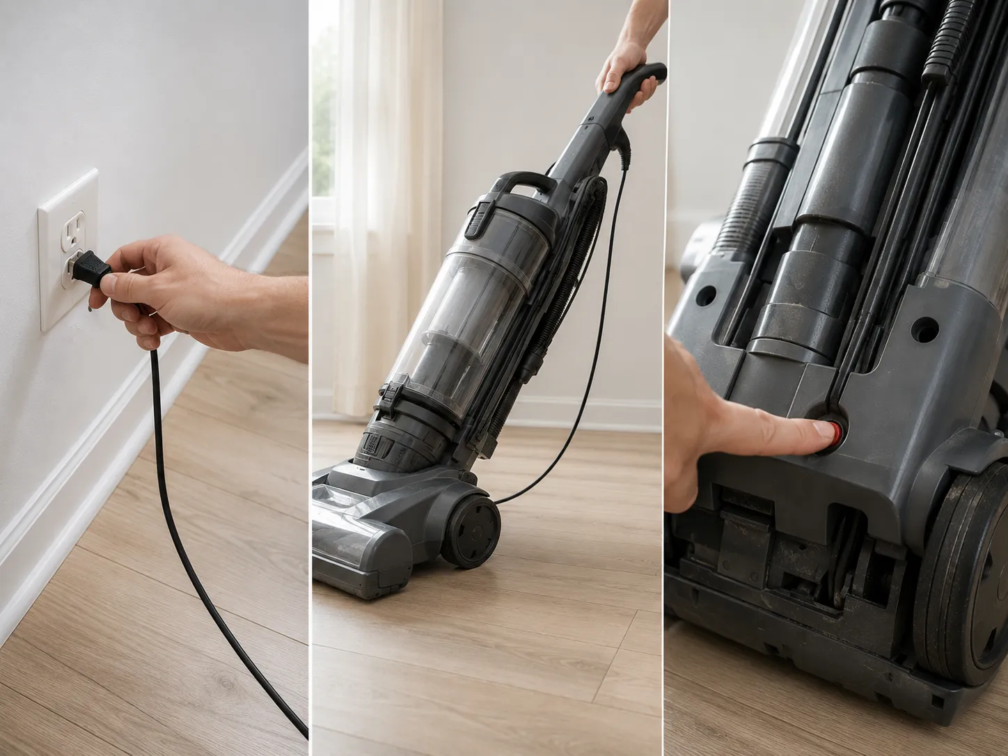 Three-step guide showing how to unplug an upright vacuum, tilt it back and press the red overload reset button on the base.