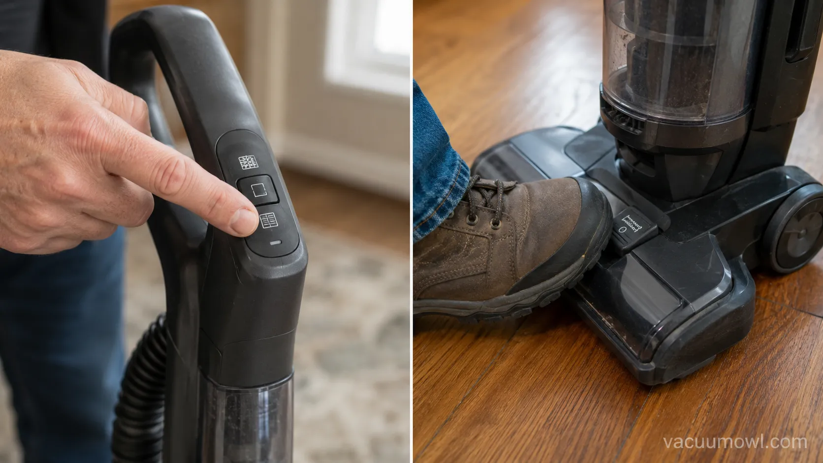 Shark floor-mode button and Bissell brush-roll foot pedal shown close up