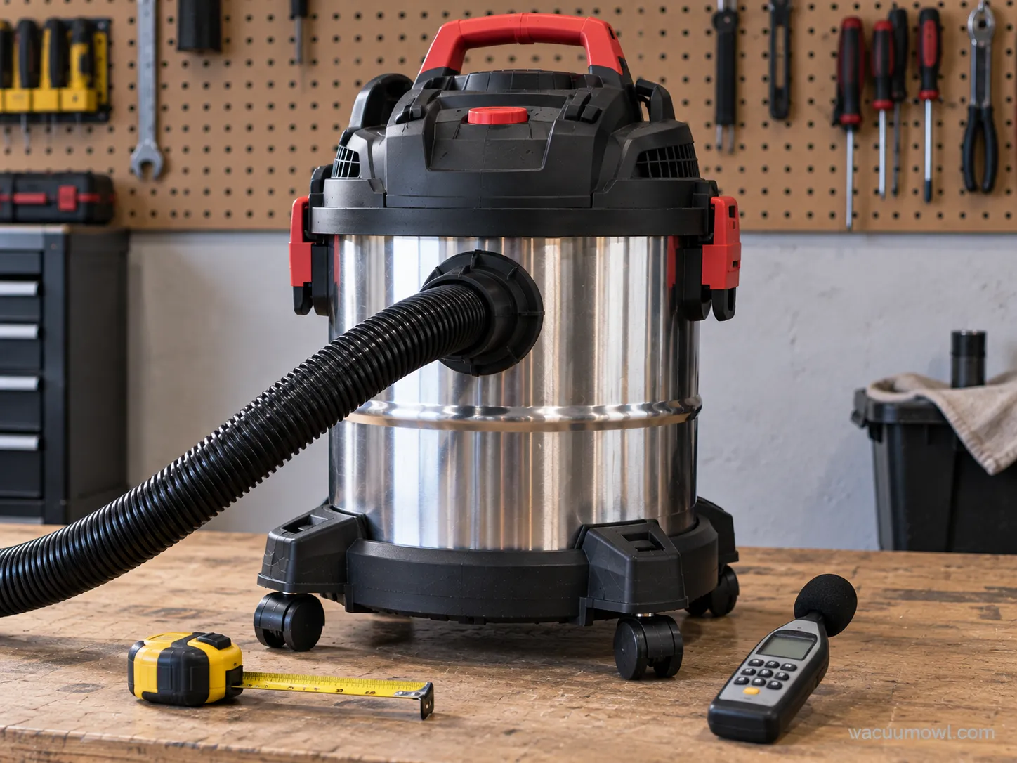 Husky stainless steel 6 gallon shop vac on a test bench with measuring tools.