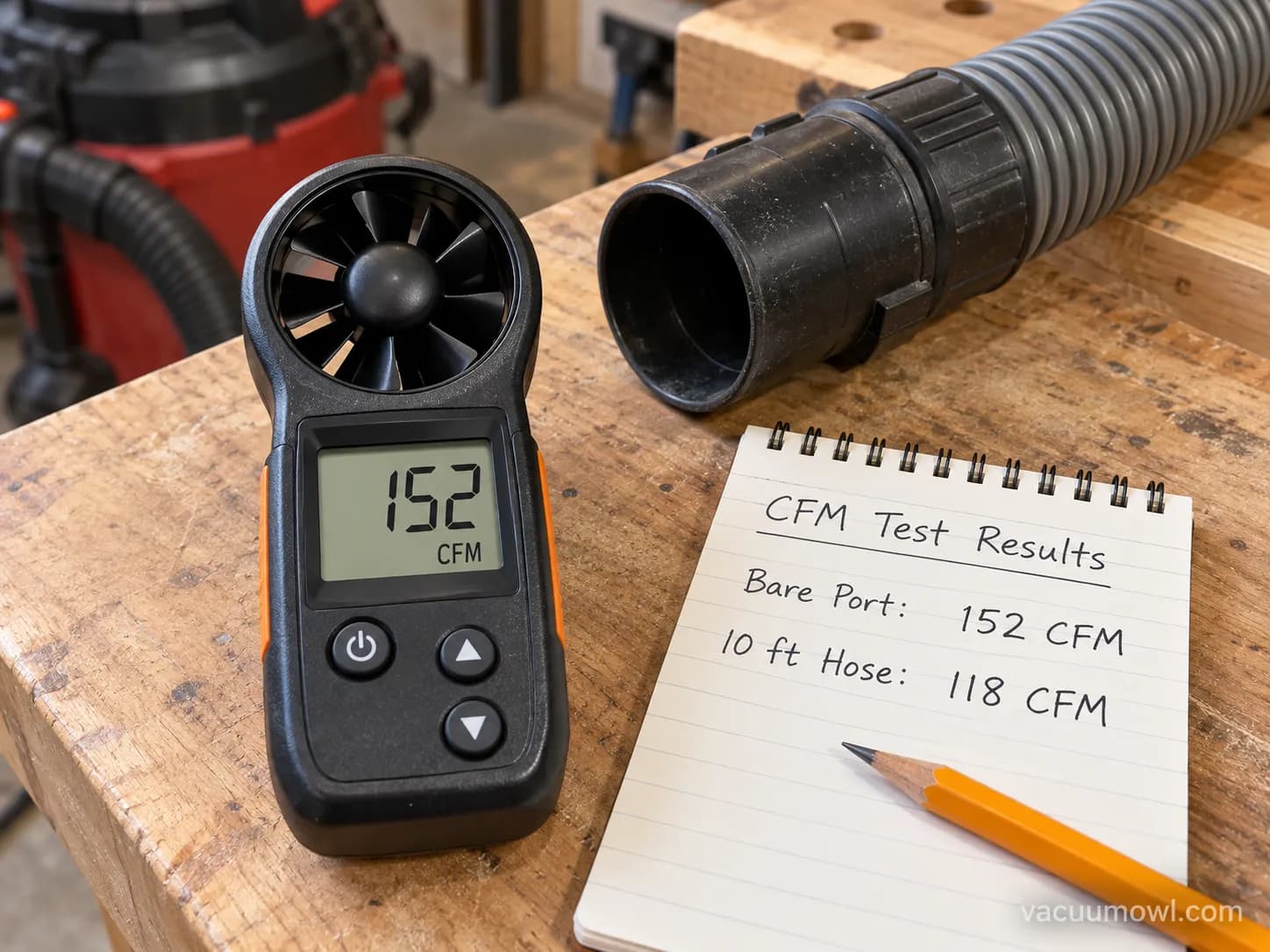 Measuring shop vac CFM at the dust port with a handheld anemometer.