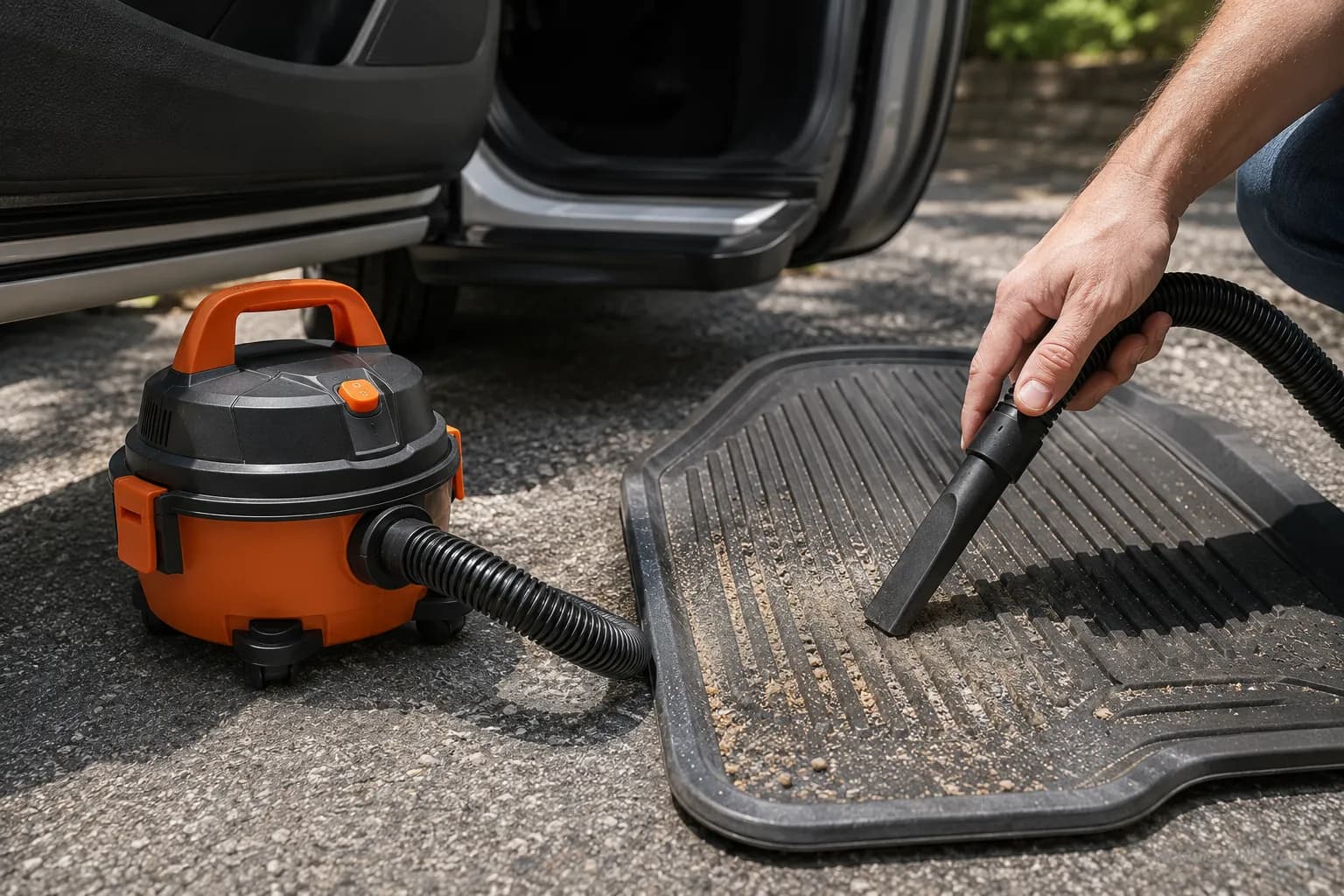one gallon micro shop vac cleaning sand off a car floor mat in a driveway