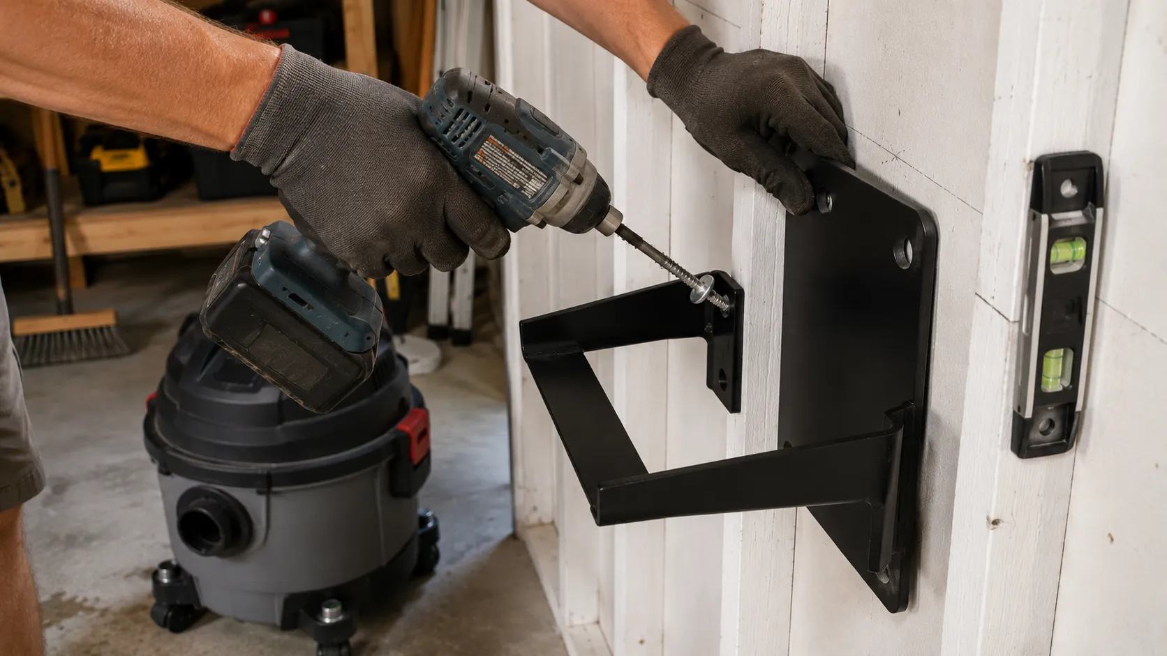 Gloved hands driving a lag screw to fasten a shop vac wall bracket to a garage stud.