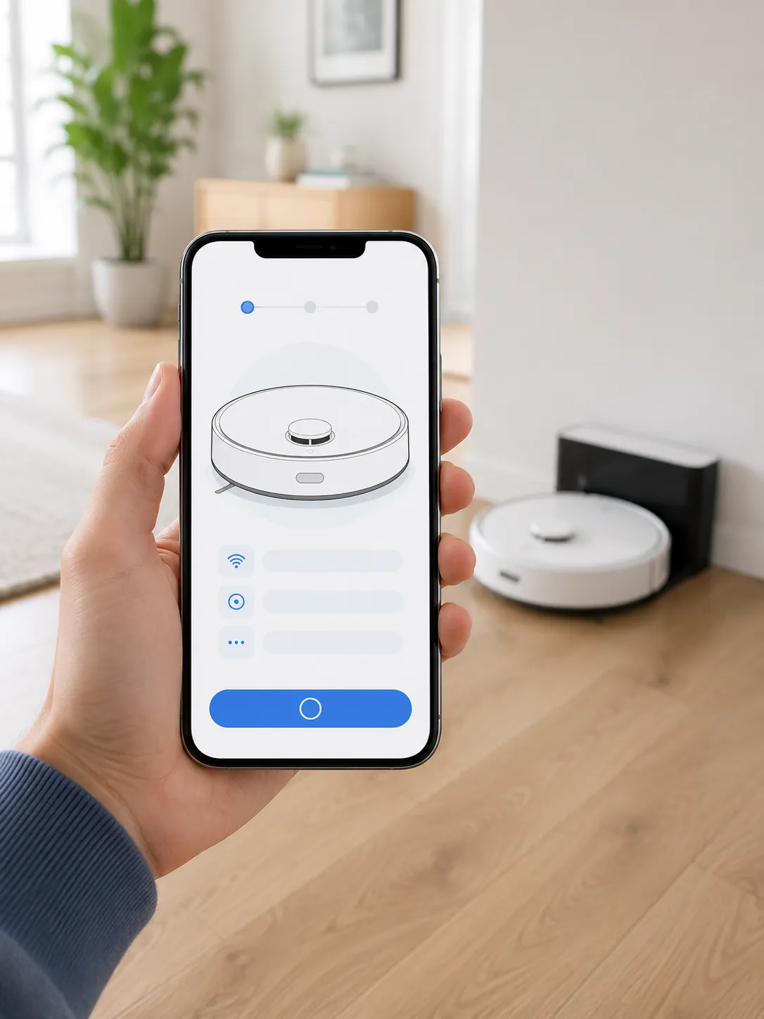 Smartphone displaying a robot vacuum add-device setup screen after a factory reset, with the robot vacuum resting on its charging dock in the background.