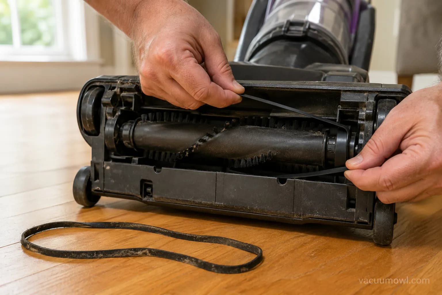 new vacuum belt stretched over a brush roll looking smaller than the old stretched belt