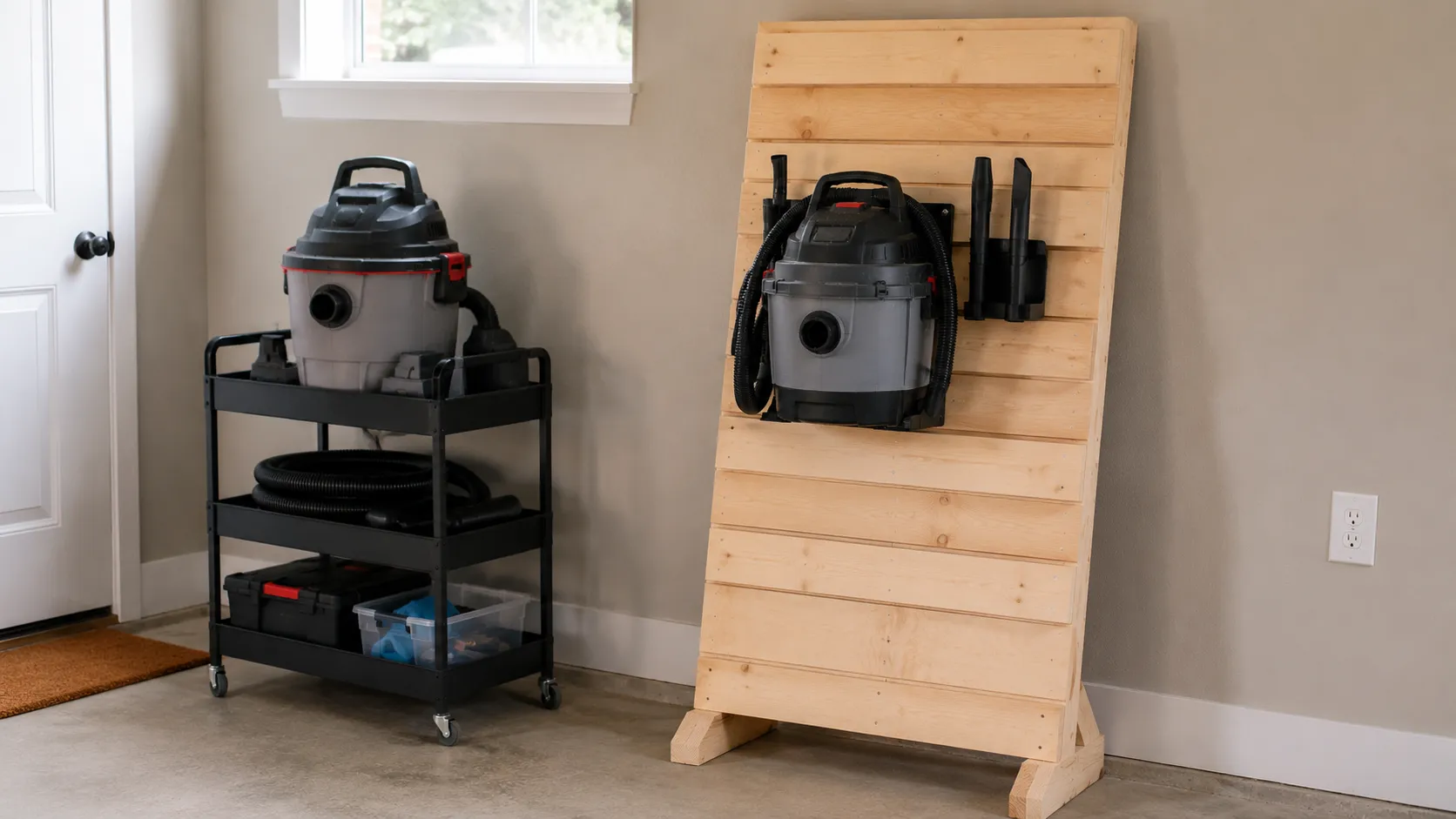 Renter-friendly freestanding French cleat panel holding a shop vac with no holes in the drywall.