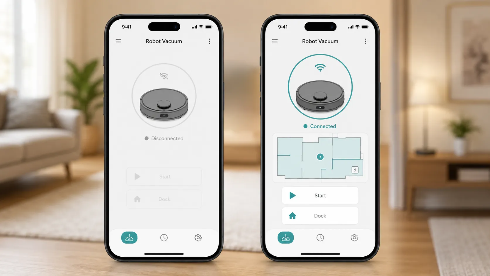 Two smartphone screens showing a robot vacuum app disconnected and reconnected, with the saved floor map still visible after WiFi reconnection.