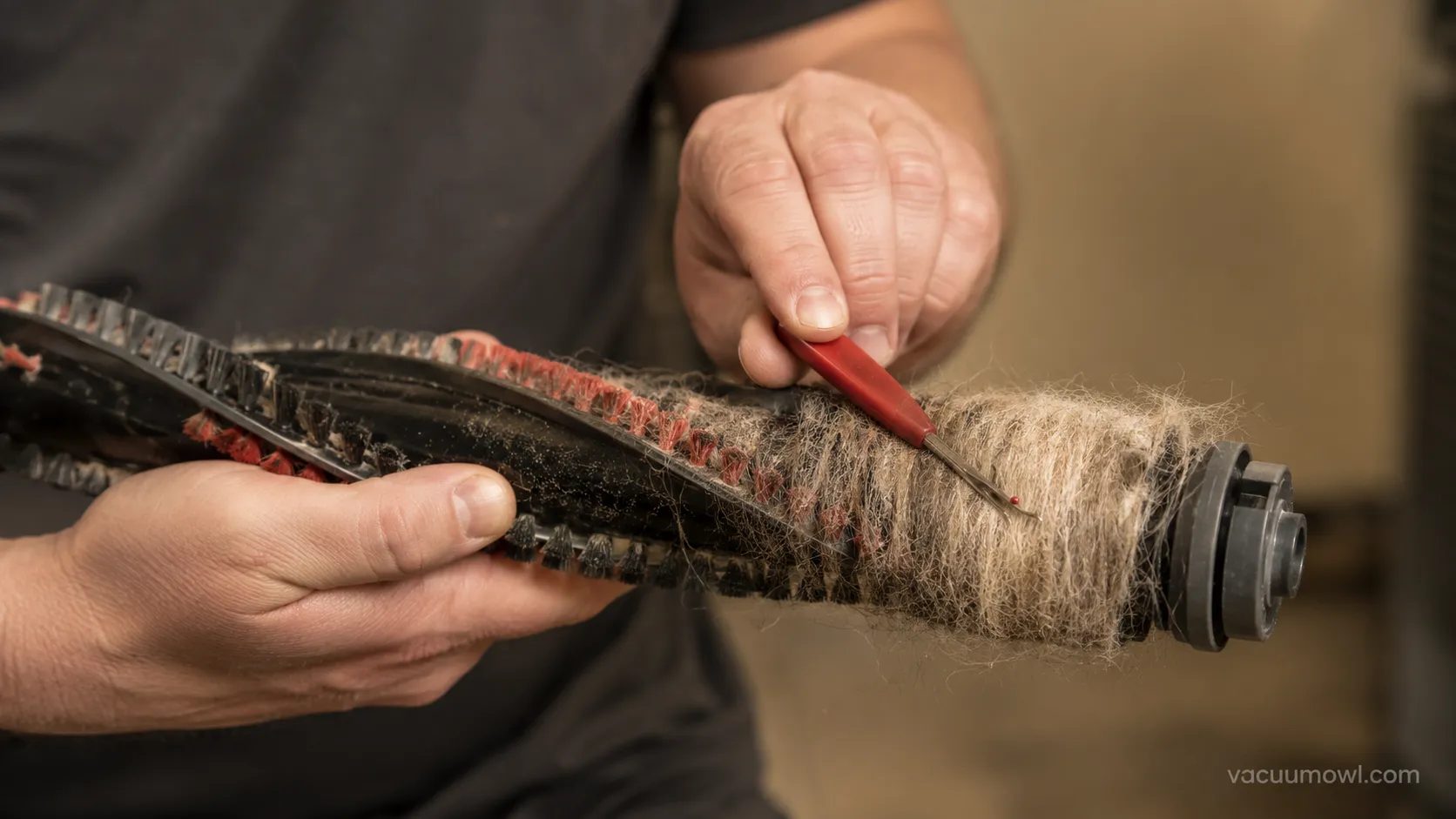 Removing a collar of tangled pet hair from a vacuum brush roll end cap