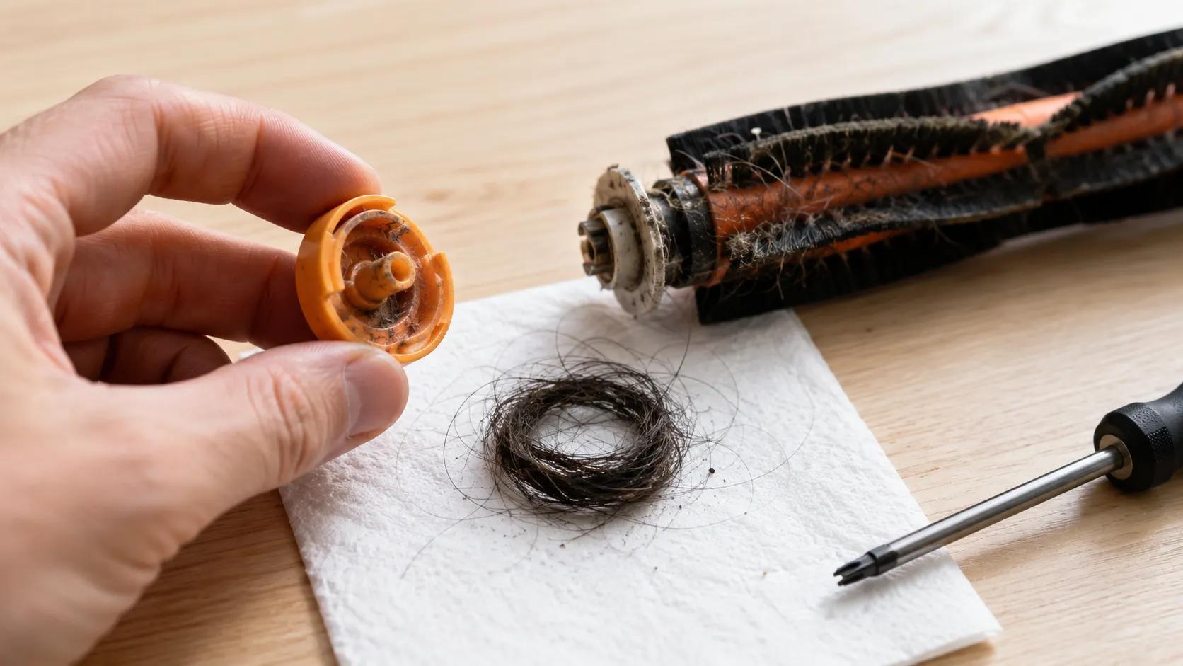 Hand holding an orange brush roll end cap from a Shark-style robot vacuum beside a compact ring of hair, the brush roll, and a six-point screwdriver on a paper towel.