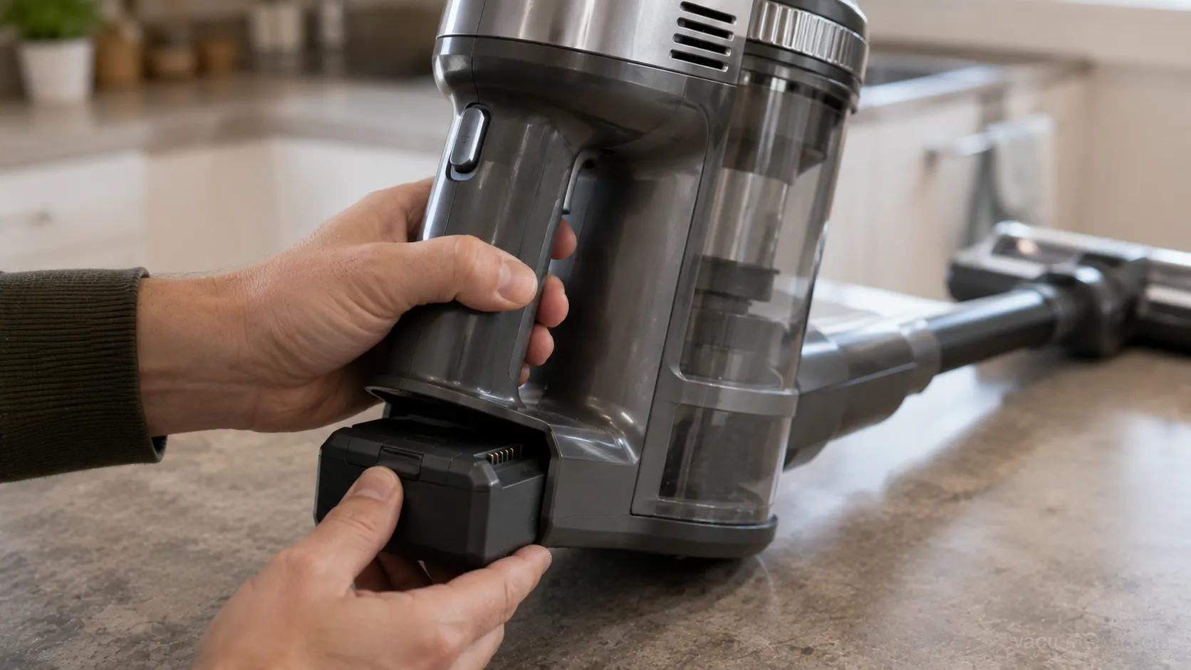 reseating a removable cordless vacuum battery pack until it clicks