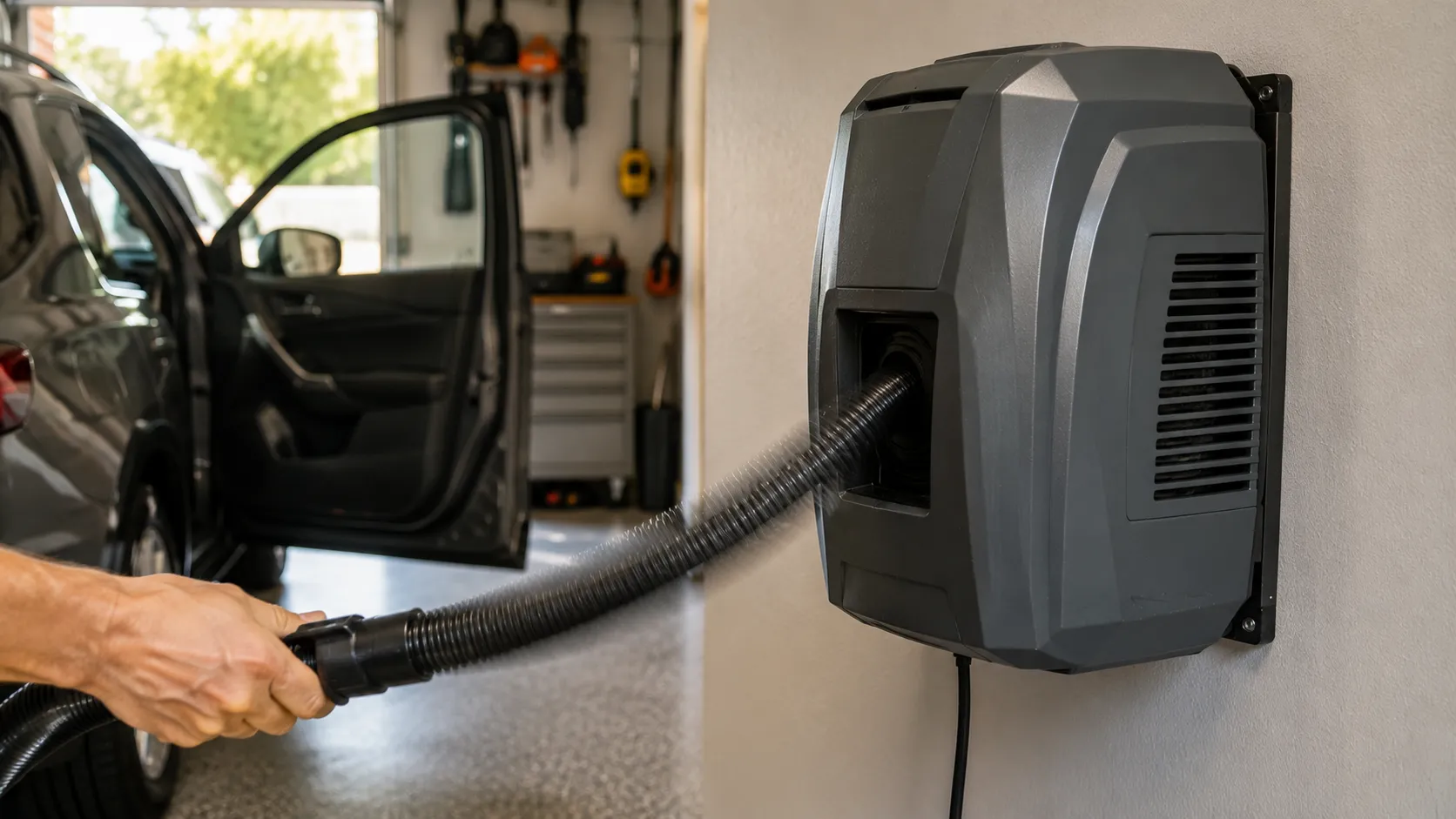 Retractable-hose wall-mounted garage vacuum self-coiling its hose after a cleanup.