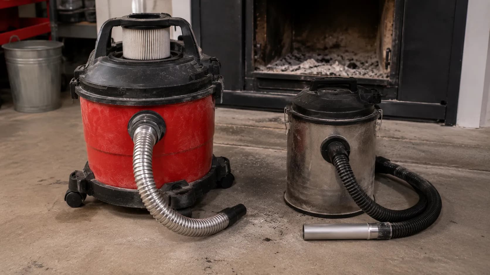Retrofitted shop vac beside a dedicated ash vacuum after a cold-ash test.