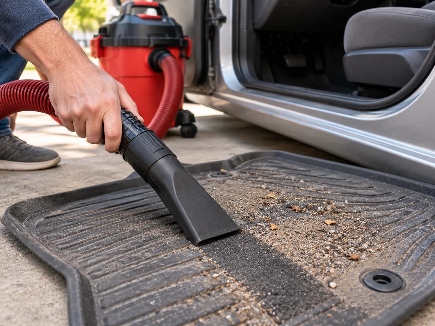 auto wet dry vacuum car nozzle pulling debris from a car floor mat