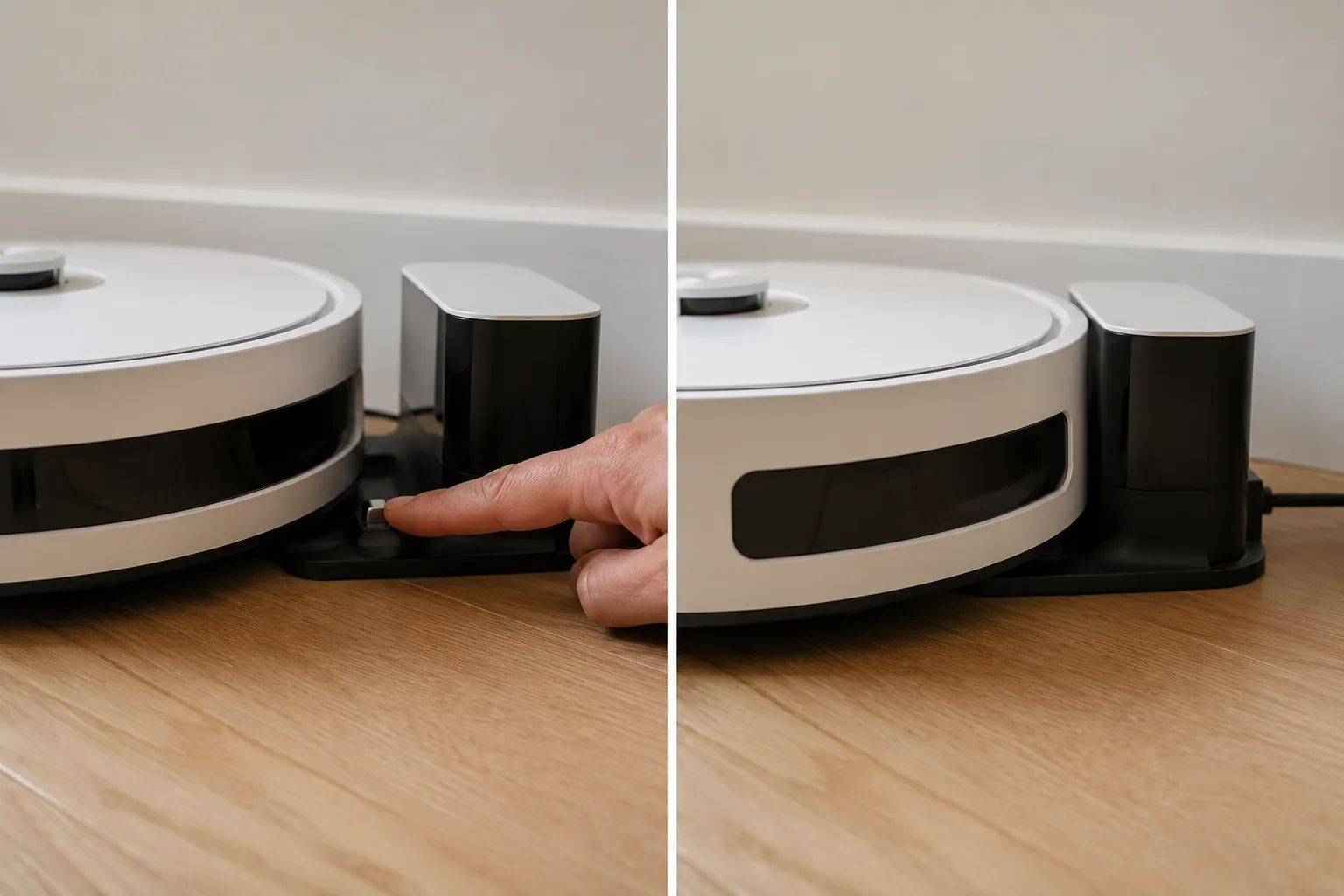 Side-by-side Roomba docking comparison showing the correct bumper gap versus the robot pushed tightly against the charging dock