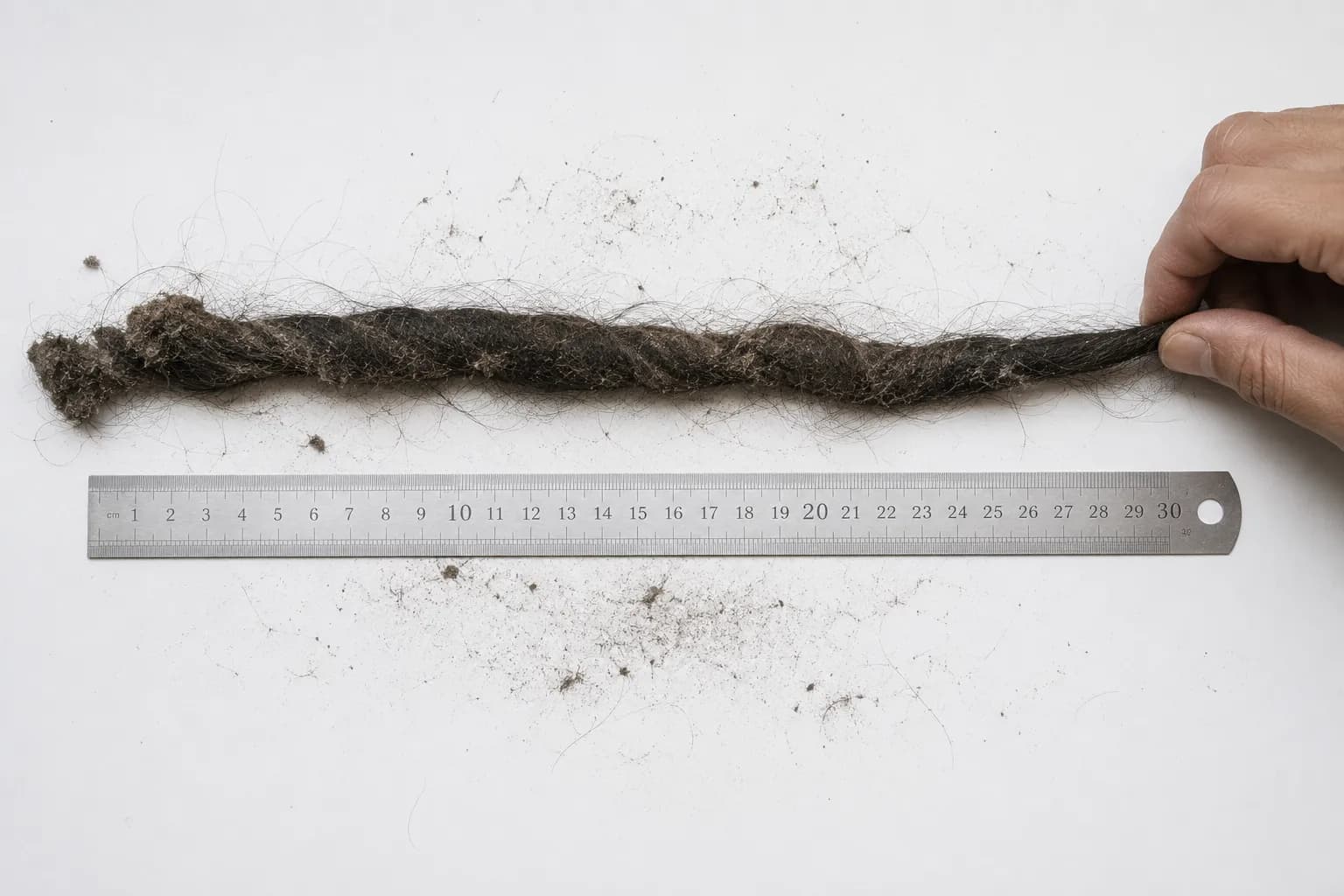 Long rope of tangled hair and dust pulled from a Roomba evacuation port, shown beside a steel ruler for scale