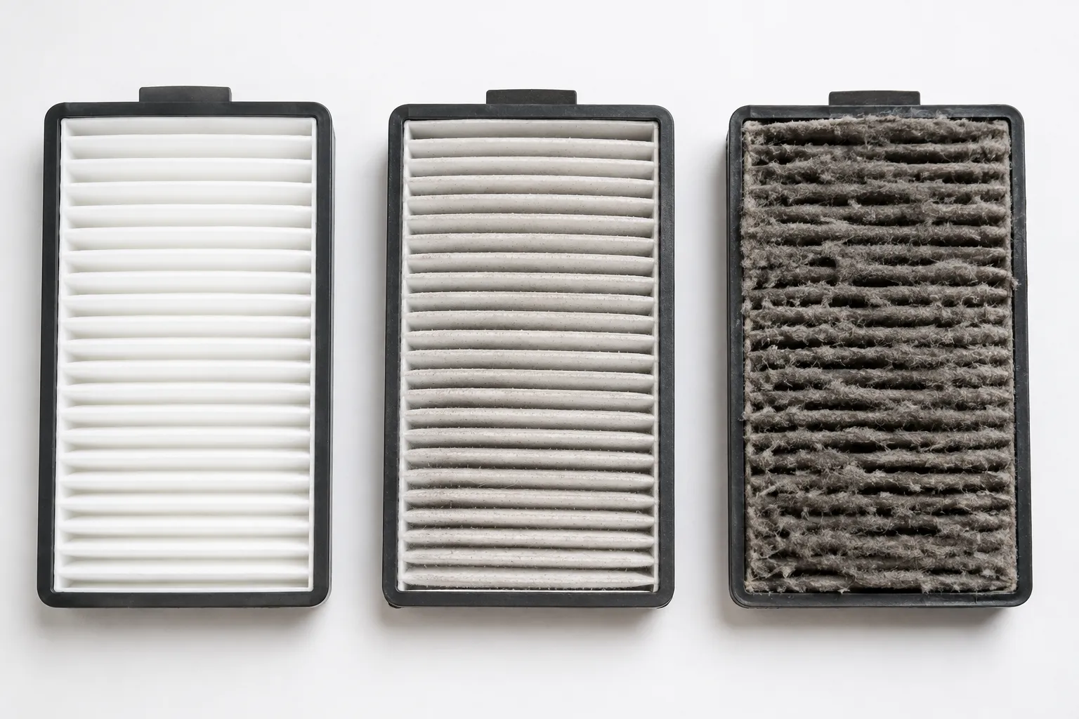 Three Roomba filters side by side showing new, lightly dusted, and heavily clogged conditions with lint packed into the pleats
