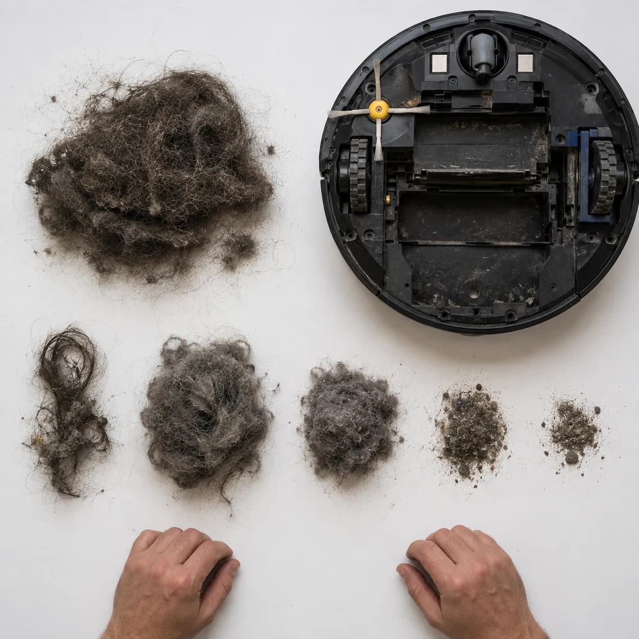 Robot vacuum underside beside separated piles of pet hair, dust, and lint, showing debris collected from a two-pet household with heavy buildup around the caster