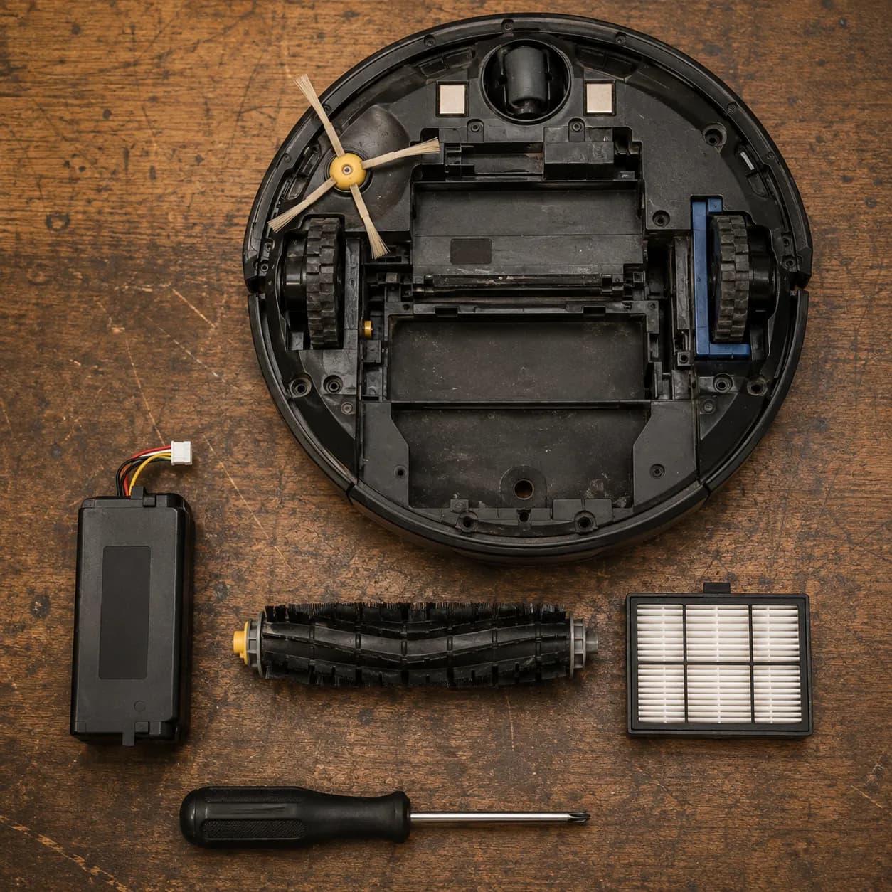 Disassembled Roomba robot vacuum with replacement battery, roller brush, pleated filter, and Phillips screwdriver arranged on a worn wooden workbench