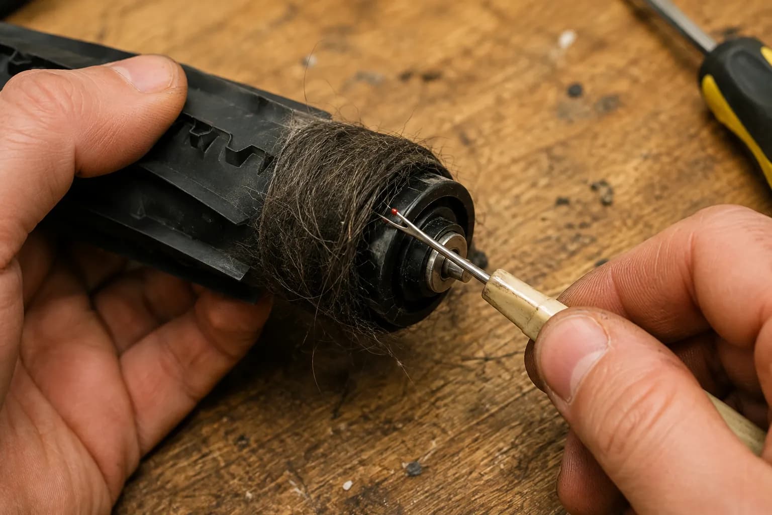 Hands using a seam ripper to remove tangled hair from a Roomba roller brush bearing on a worn wooden workbench
