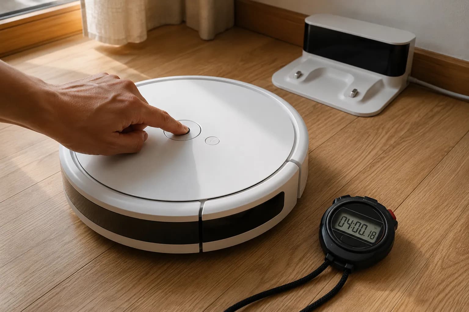 Hand holding a Roomba button beside its charging dock with a stopwatch, illustrating the timed Ship Mode wake-up and four-minute redocking step