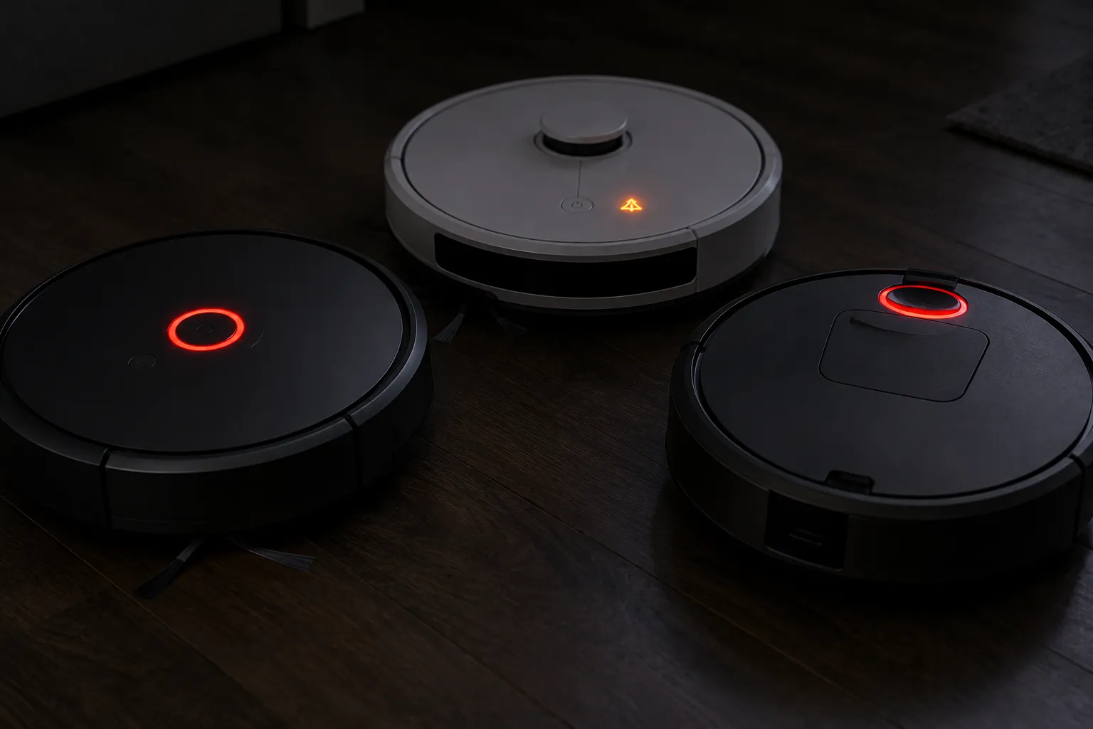 Three generations of Roomba vacuums showing different illuminated fault indicators for the same jammed side brush problem