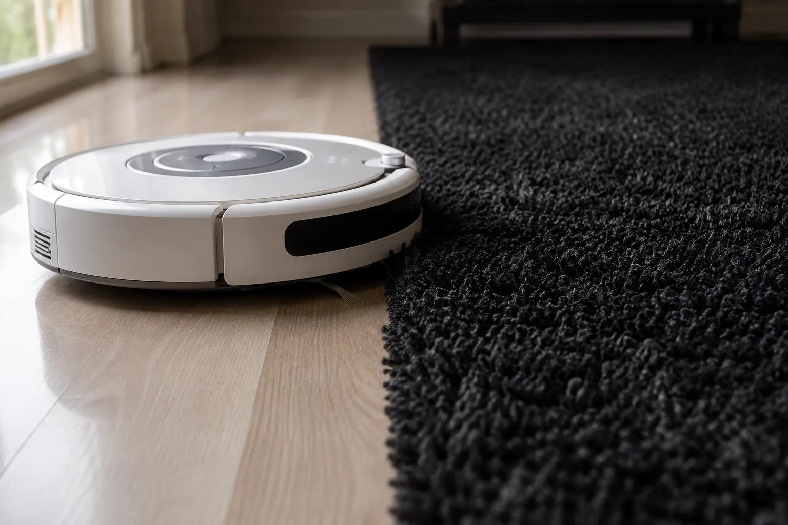 White Roomba robot vacuum stopped at the edge of a dark high-pile rug on pale wood flooring, illustrating a false cliff sensor drop reading